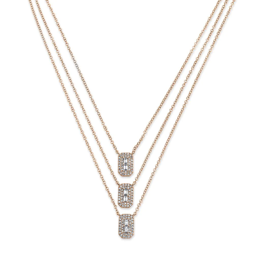 14K Gold 0.51 CT Diamond 3 Layered Multi Chain Necklace Pendant Baguette Round Cut