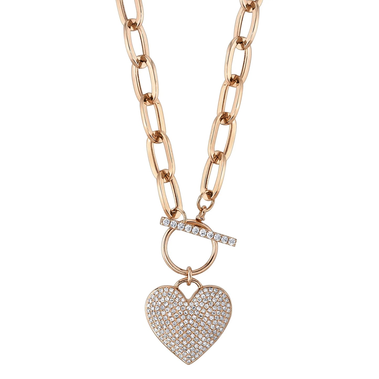 14K Gold 0.50CT Diamond Paper Clip Link Heart Necklace Round Cut Pave set