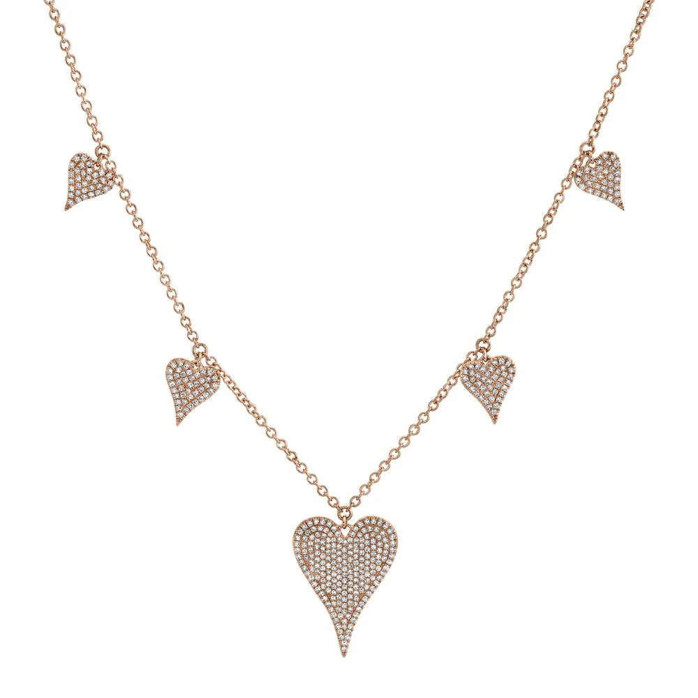 14K Gold 0.72 CT Diamond Hearts Necklace Pave Set Round Cut Natural