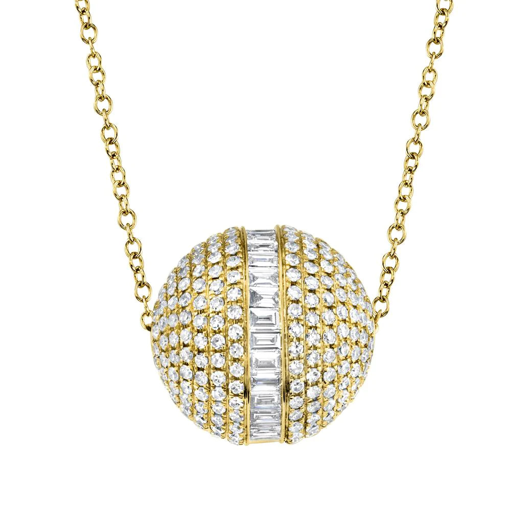14K Gold 1.60CT Diamond Barrel Pendant Necklace Baguette Round Circle Ball