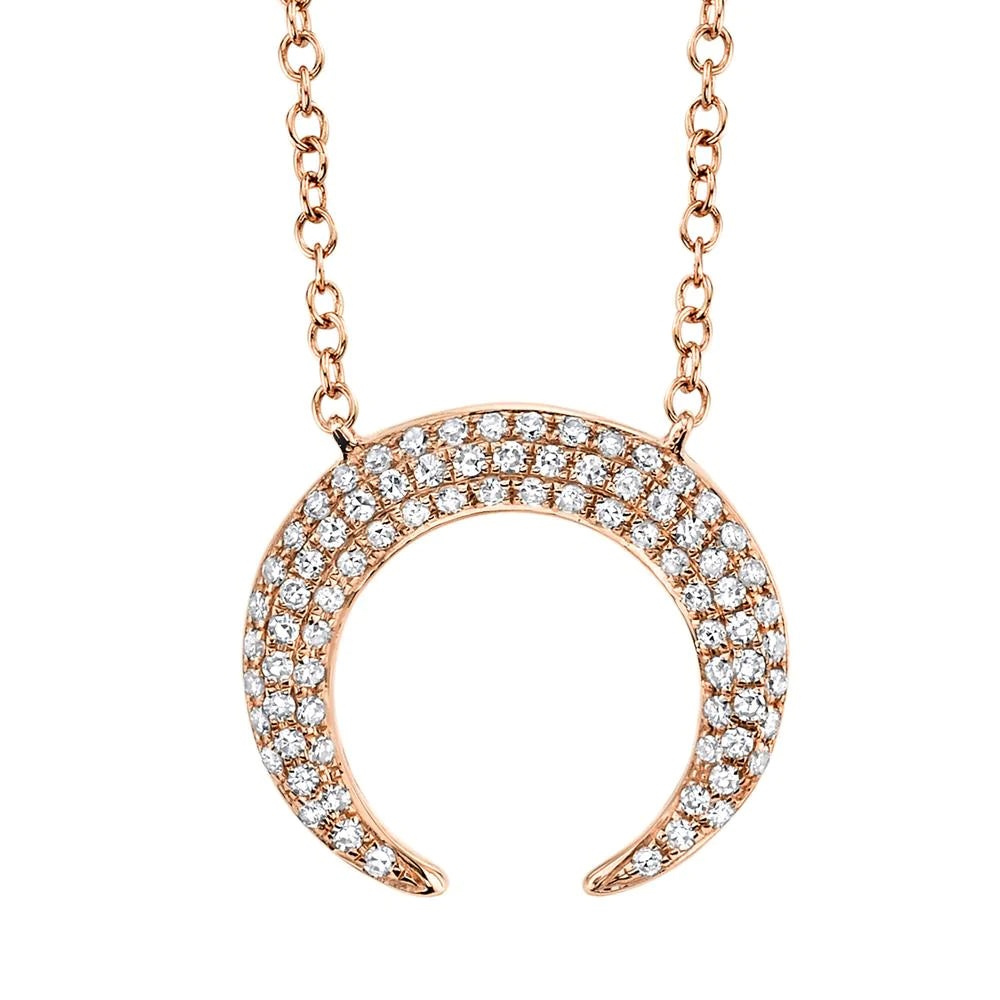 14K White Gold 0.20 CT Diamond Crescent Moon Pendant Necklace Pave Set Round Natural