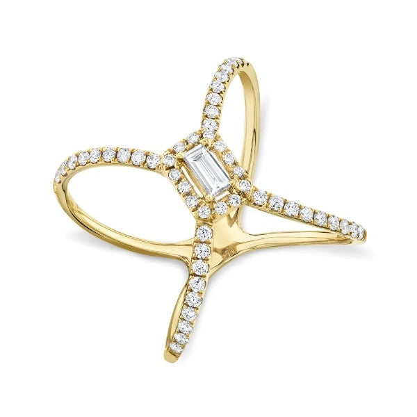 14K Gold 0.50 CT Baguette Diamond Crossover Open X Cocktail Fashion Ring