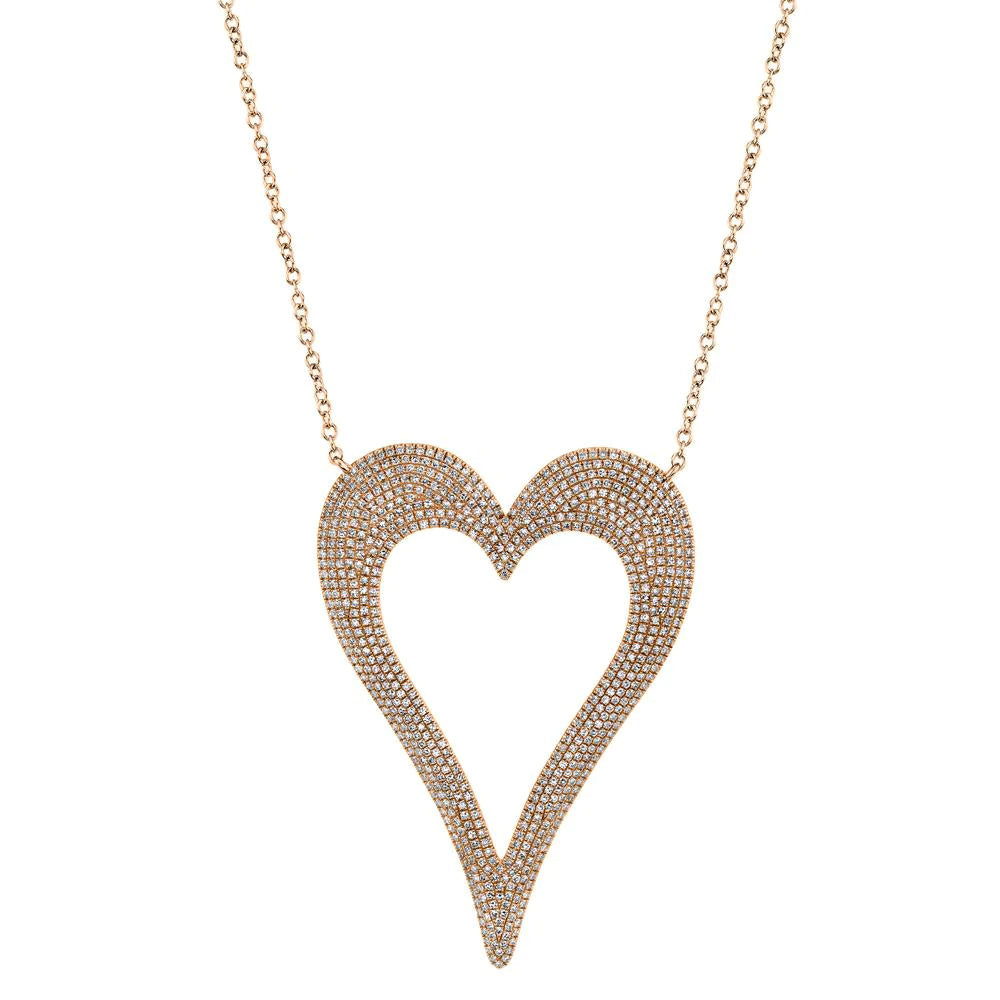 14K Gold 1.57CT Diamond Heart Necklace Pave Open Natural Round Cut Womens