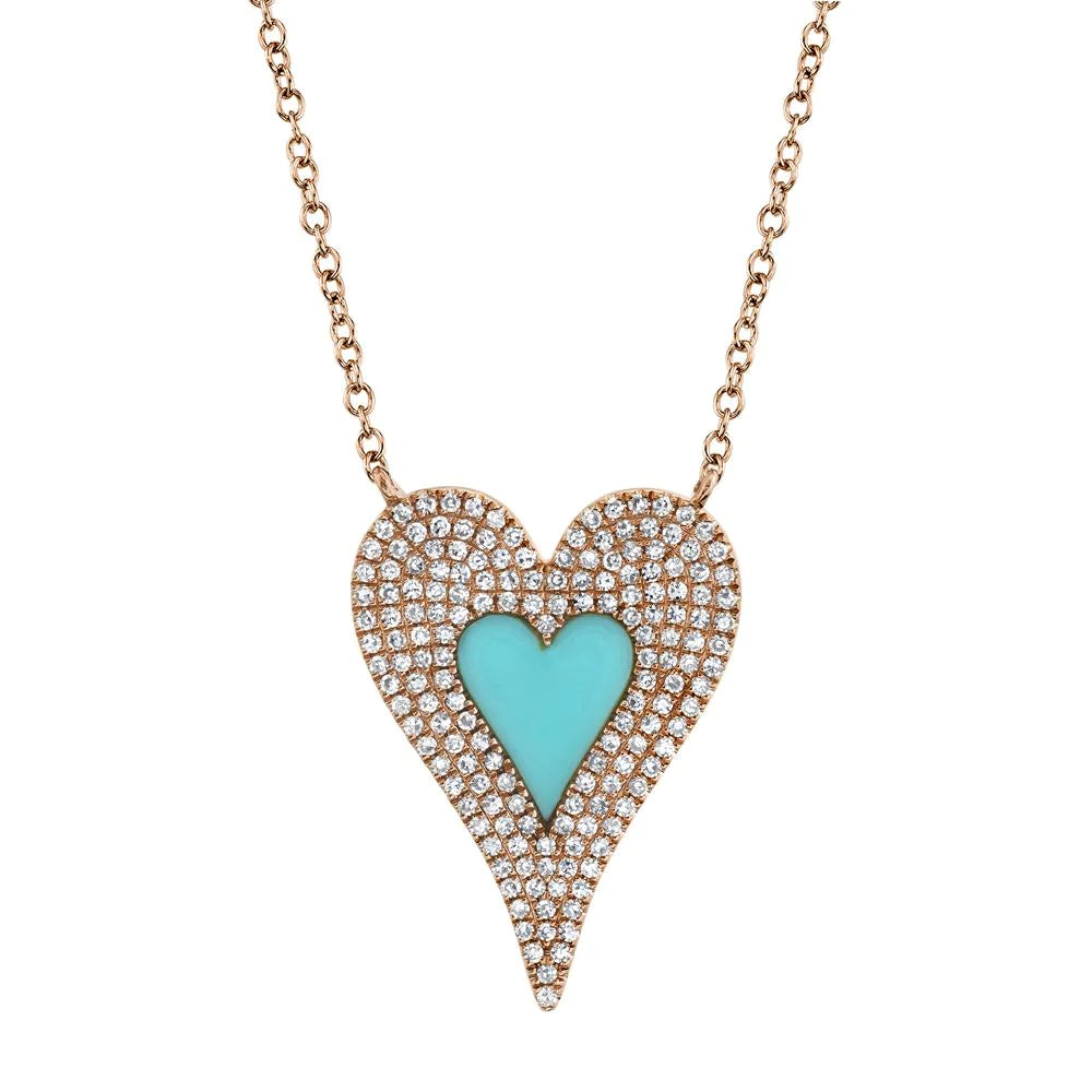 14K Gold 0.46 CT Turquoise Diamond Heart Pendant Necklace Round Pave Women's
