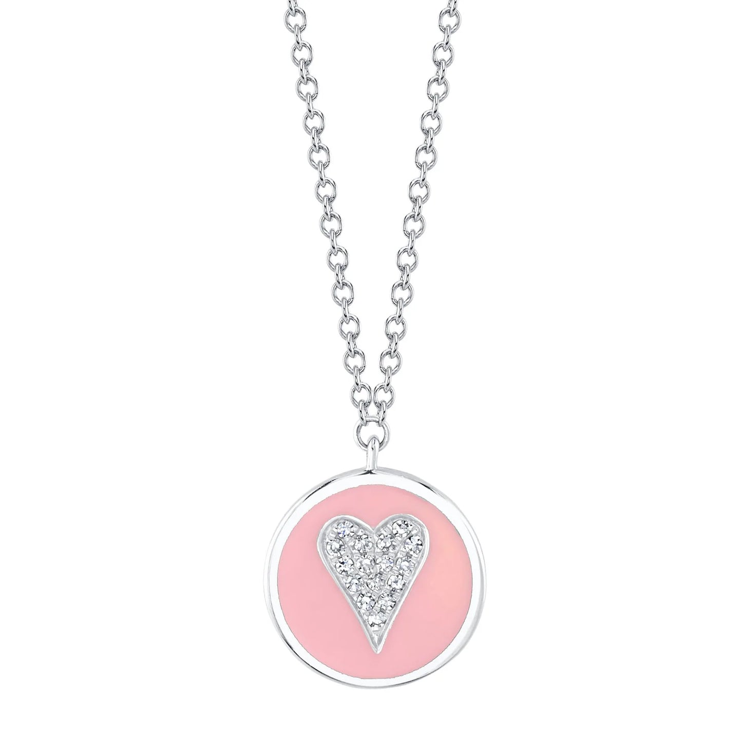 14K Gold 0.04 CT Pink Enamel Diamond Heart Pendant Necklace Circle Disc