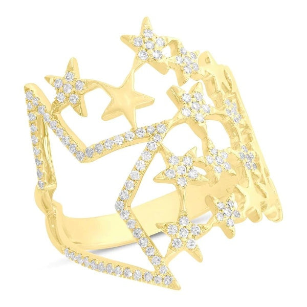 14K Gold 0.31 CT Diamond Multi Star Wide Cocktail Ring Natural Round 0.90" Long