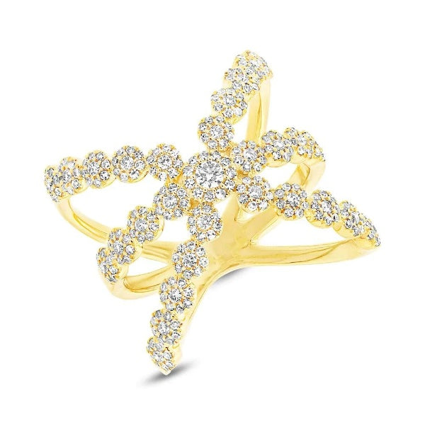 14k Gold 0.80 CT Diamond Wide Crossover Halo Cocktail Ring  Natural Round Cut
