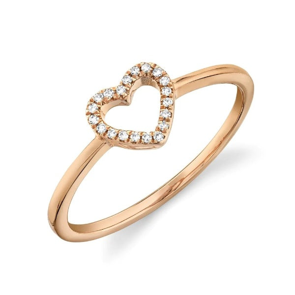 14K Gold 0.04 CT Diamond Heart Ring Open Pave Love Dainty Band