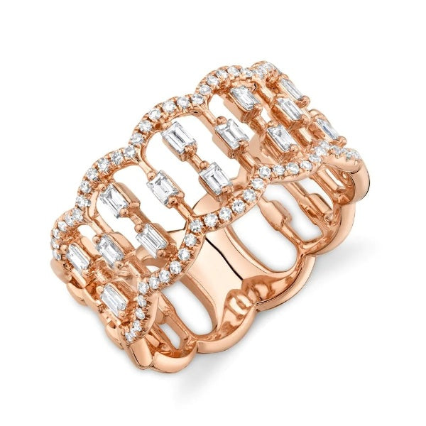 14k Gold 0.49 CT Diamond Open Ring Baguette Round Floating Scallop Wide Cocktail