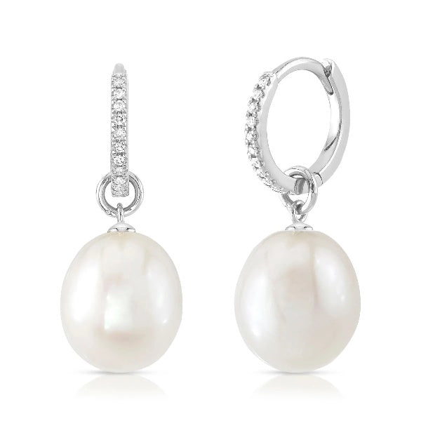 14K Gold 0.06 CT Diamond Pearl Earrings Drop Dangle Cultured Round Natural