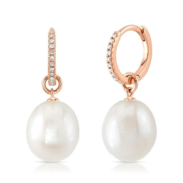 14K Gold 0.06 CT Diamond Pearl Earrings Drop Dangle Cultured Round Natural