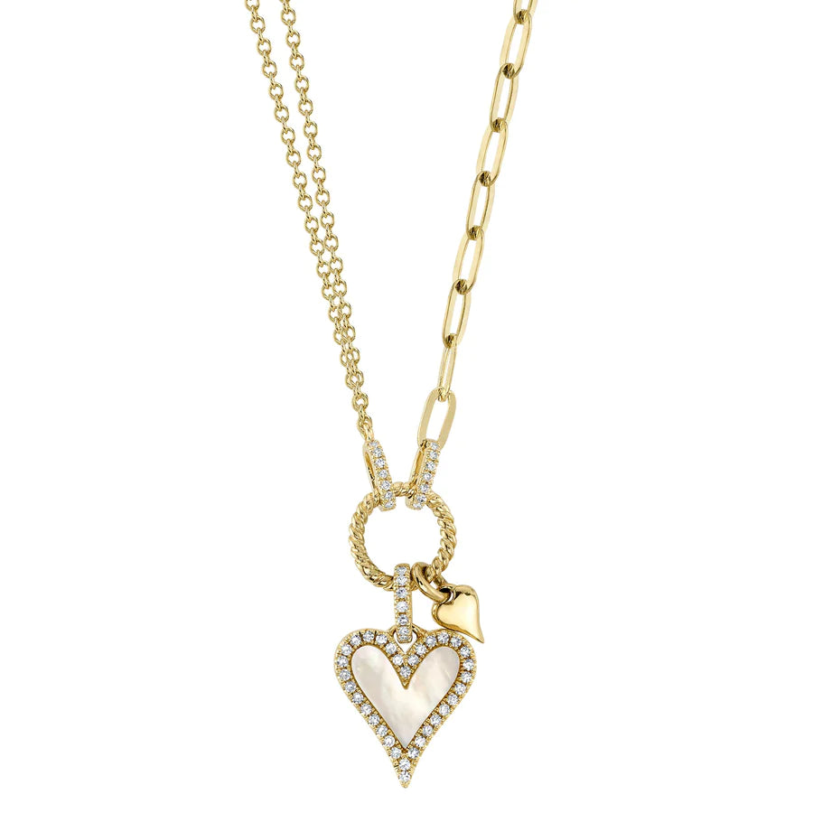 14K Gold Mother Of Pearl Diamond Heart Paper Clip Necklace