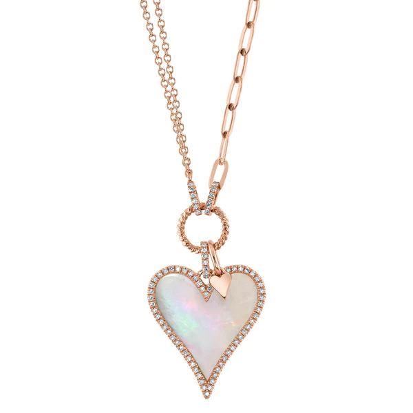 14K Gold Mother Of Pearl Diamond Heart Necklace