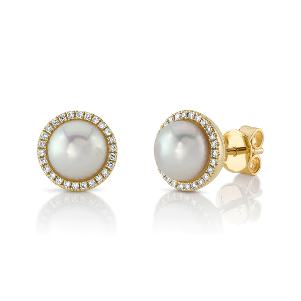 14K Gold Diamond Pearl Stud Earrings