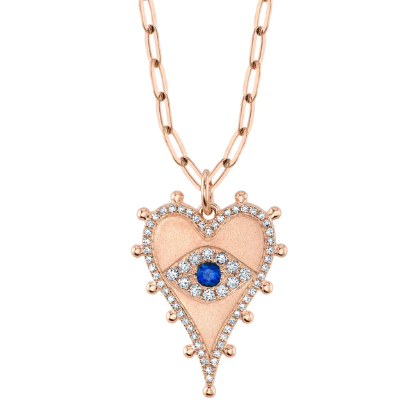 14K Gold Blue Sapphire Diamond Heart Eye Necklace