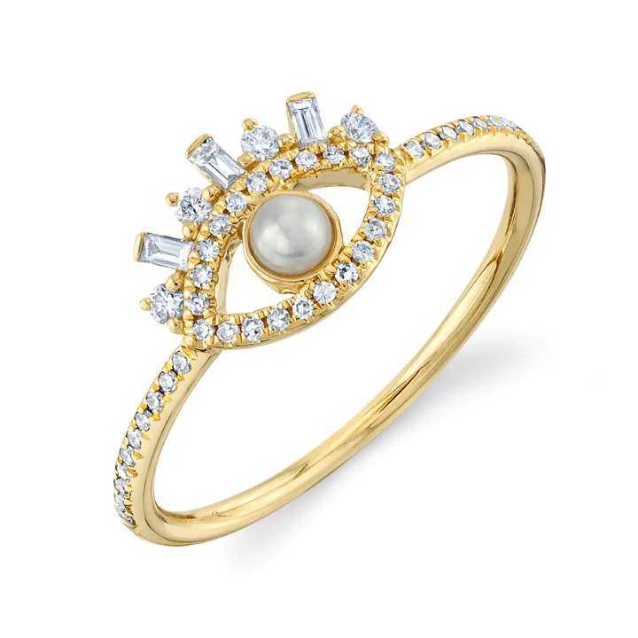 14K Gold Diamond Pearl All Seeing Evil Eye Ring