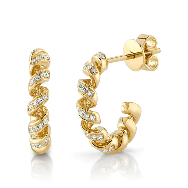 14K Gold Diamond Spiral Hoop Earrings