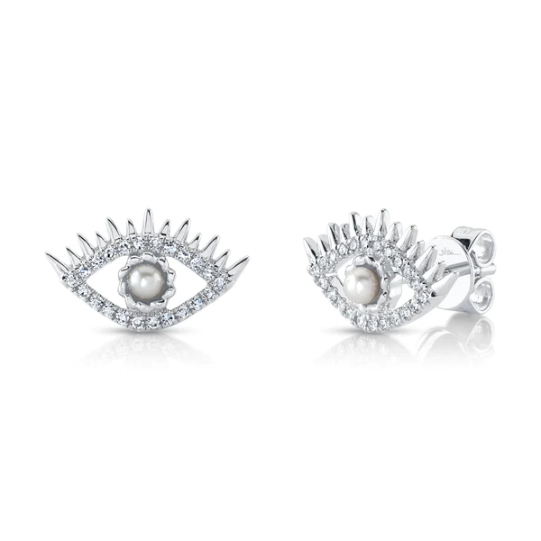 14K Gold Diamond Pearl Eye Stud Earrings