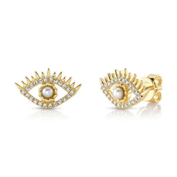 14K Gold Diamond Pearl Eye Stud Earrings