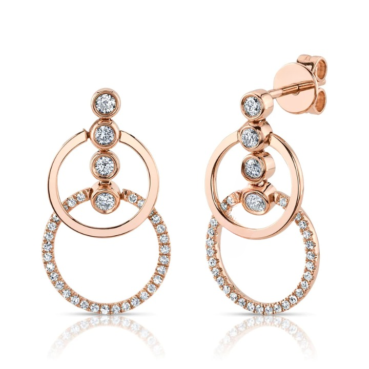 14K Gold Diamond Double Circle Drop Earrings