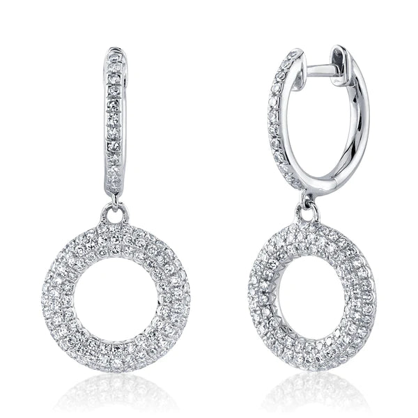 14K Gold Diamond Circle Halo Drop Earrings