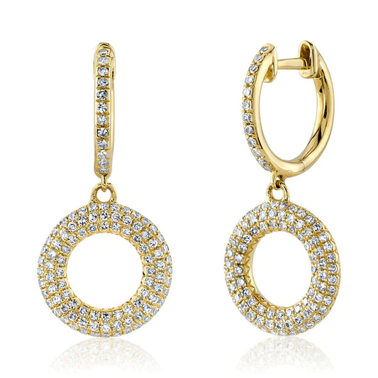 14K Gold Diamond Circle Halo Drop Earrings