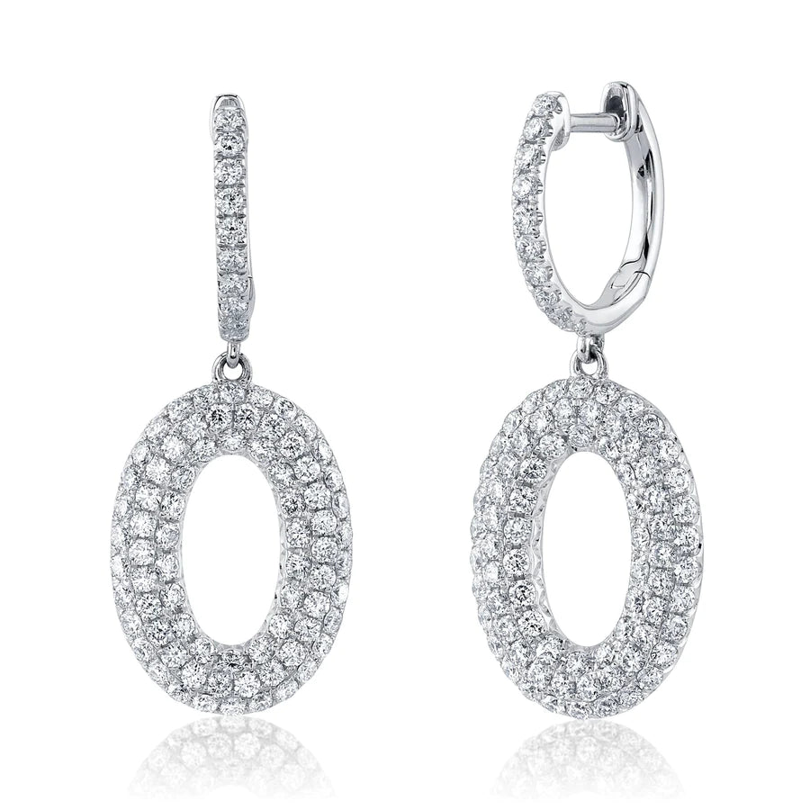 14K Gold Diamond Oval Dangle Drop Earrings
