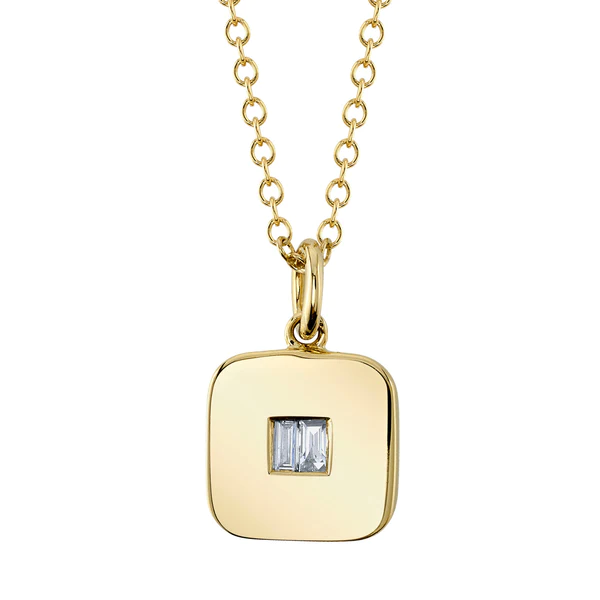 14K Gold Baguette Cut Diamond Square Pendant Necklace