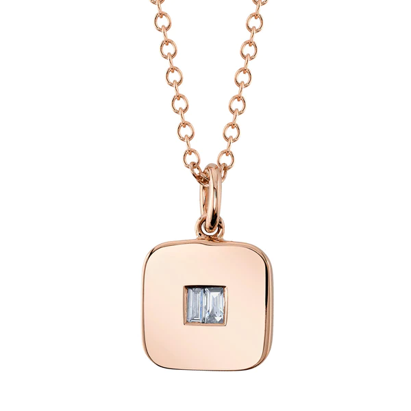 14K Gold Baguette Cut Diamond Square Pendant Necklace
