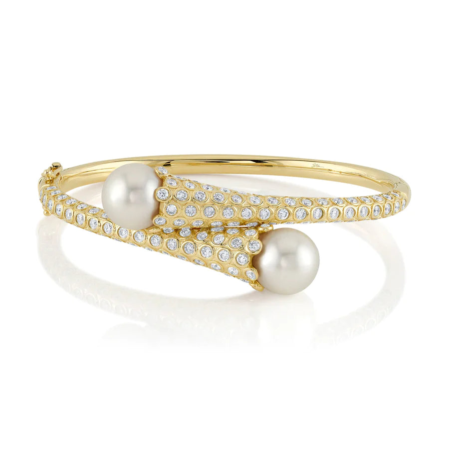 14K Gold Diamond and Pearl Bangle Bracelet