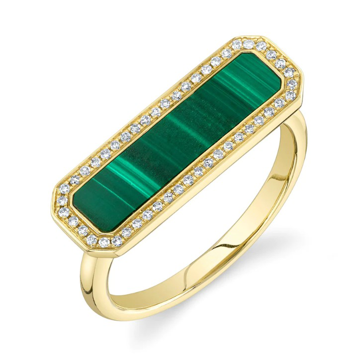 14K Gold Diamond Malachite Bar Ring