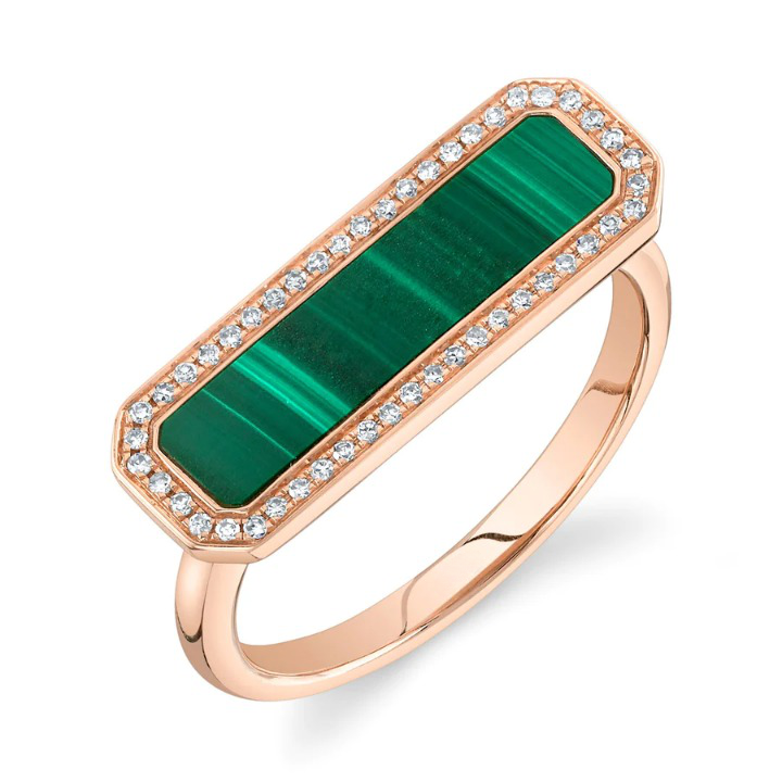 14K Gold Diamond Malachite Bar Ring