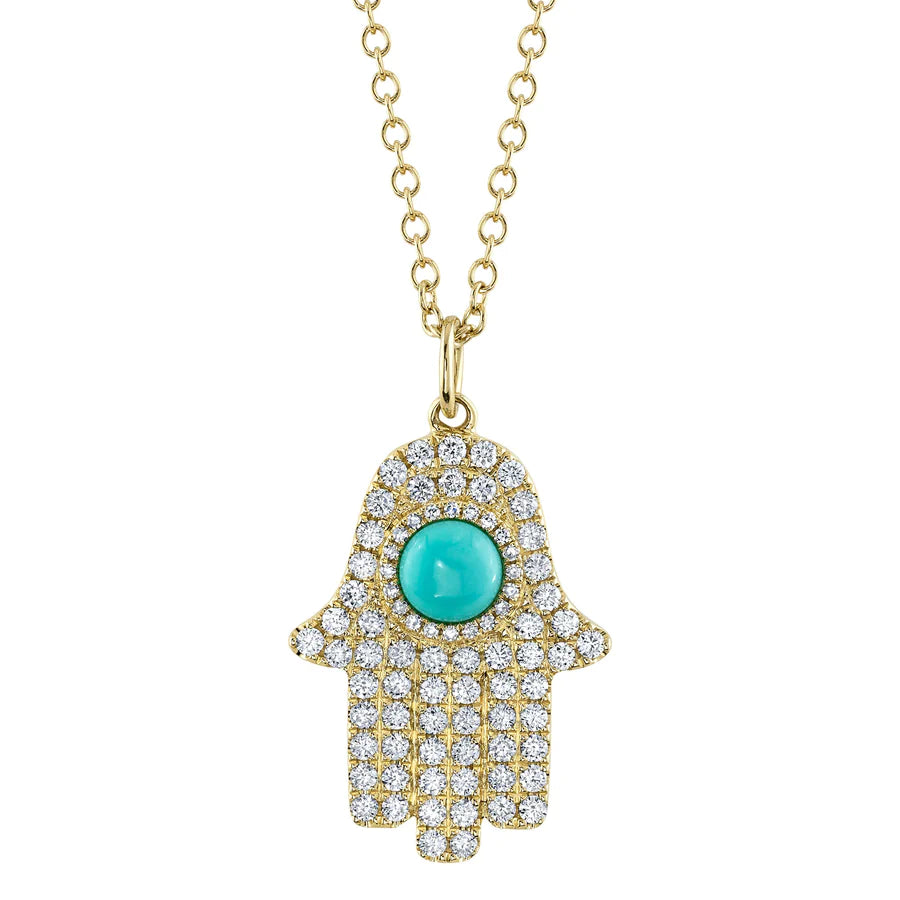 14K Gold Diamond Turquoise Hamsa Necklace