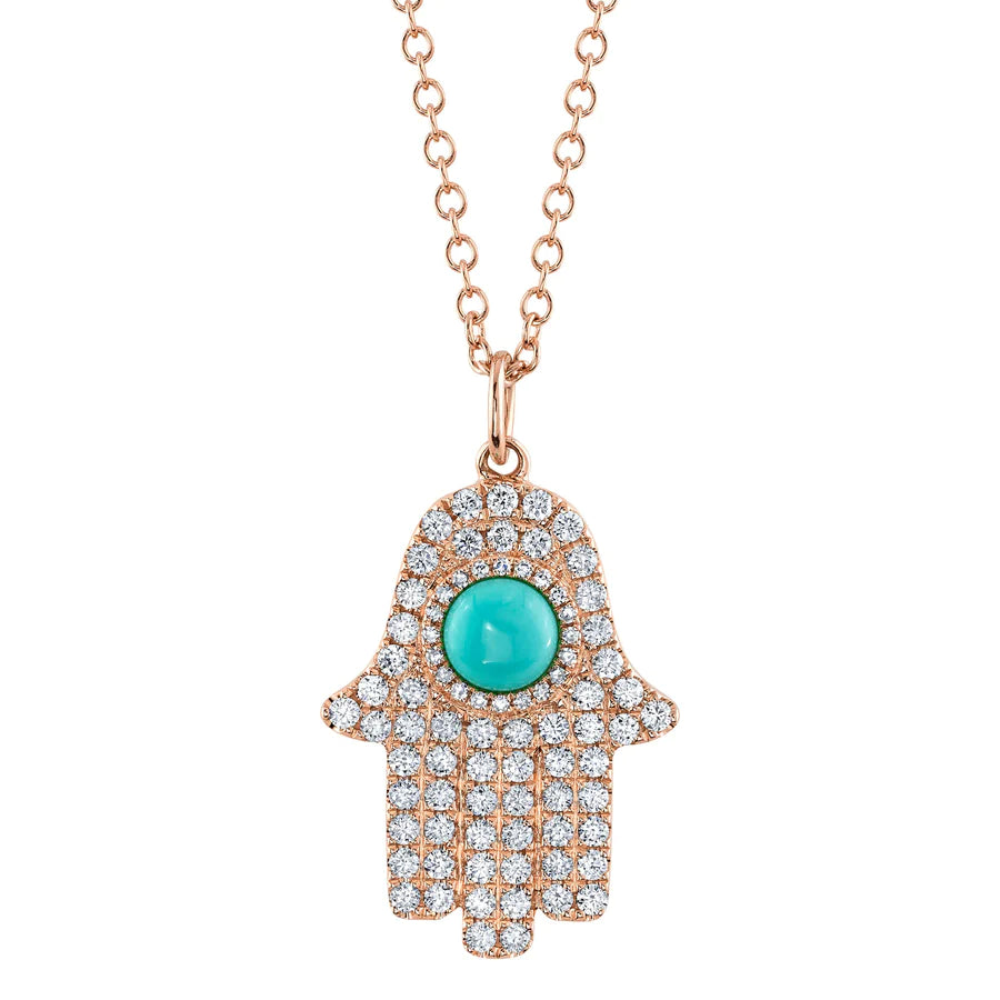14K Gold Diamond Turquoise Hamsa Necklace