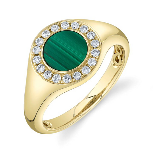 14K Gold 1.00 CT Diamond Malachite Signet Ring