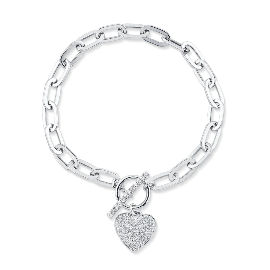 14K Gold Diamond Heart Paper Clip Charm Bracelet