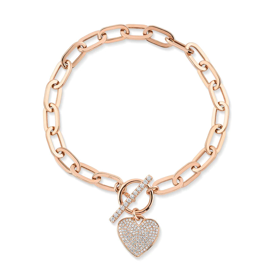 14K Gold Diamond Heart Paper Clip Charm Bracelet