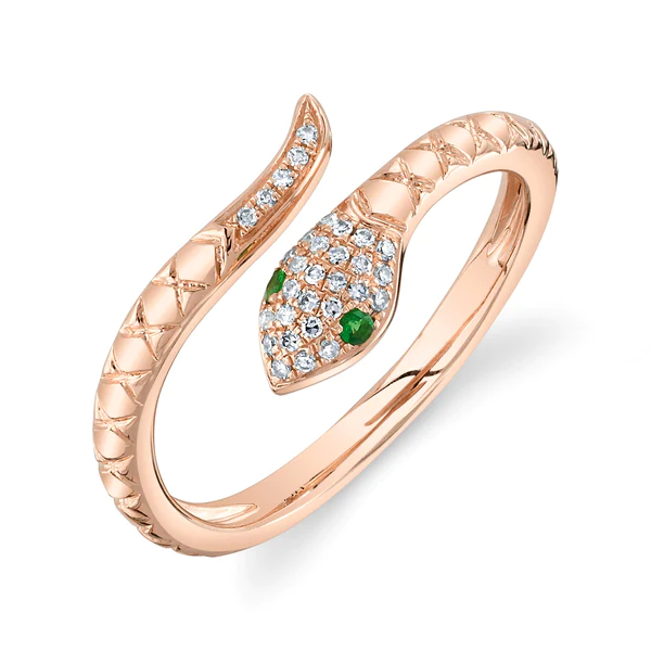 14K Gold Diamond Emerald Snake Ring
