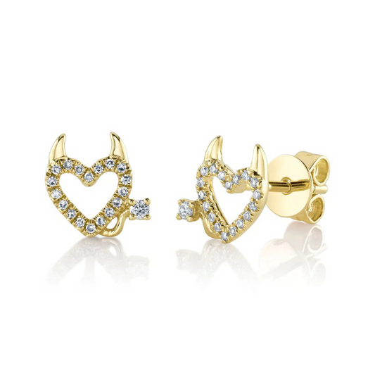 14K Gold Diamond Devil Heart Stud Earrings