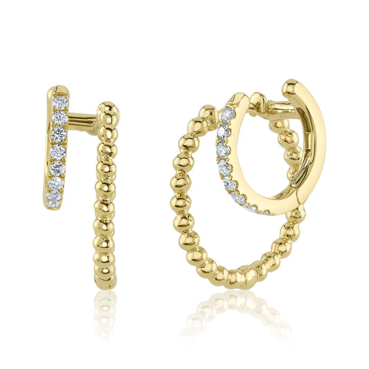 14K Gold Diamond Beaded Huggie Earrings