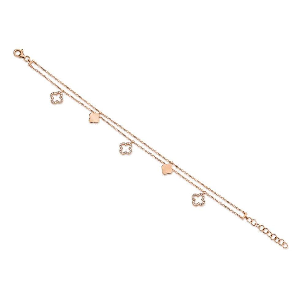 14K Gold 0.19 CT Diamond Clover Charm Bracelet Round Cut Natural Womens