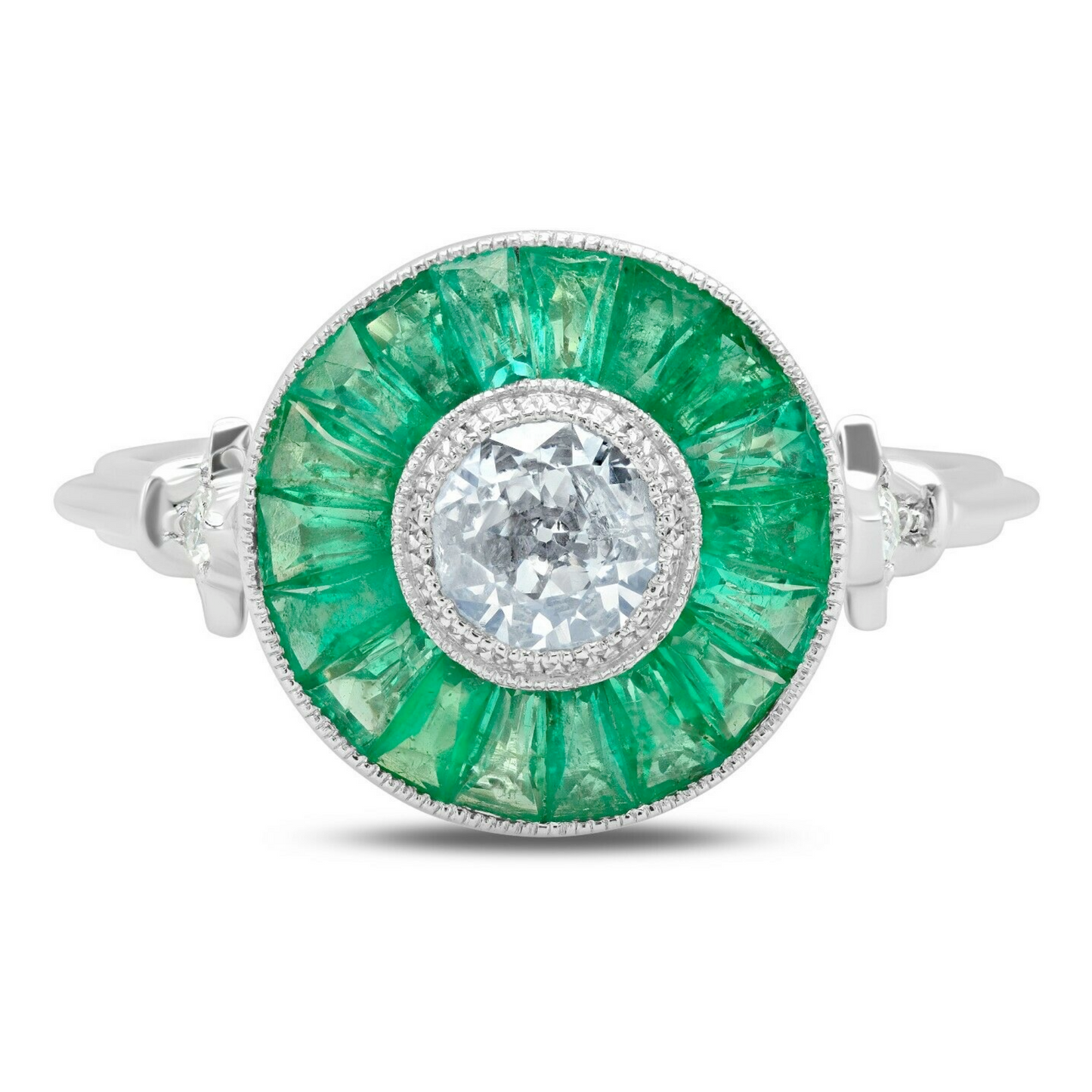 Baguette Cut Emerald Round Diamond Platinum Ring Antique Art Deco