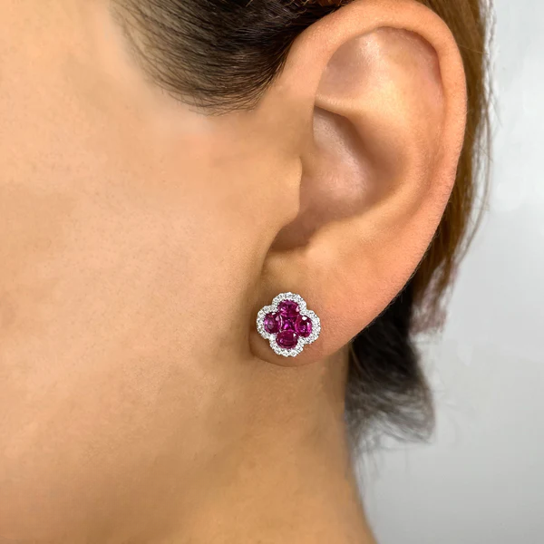 14K White Gold Diamond Ruby Clover Stud Earrings