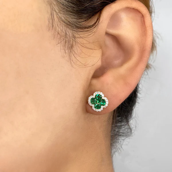 14K Gold Diamond Emerald Stud Earrings