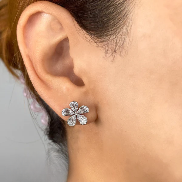 14K Gold Diamond Baguette Flower Stud Earrings