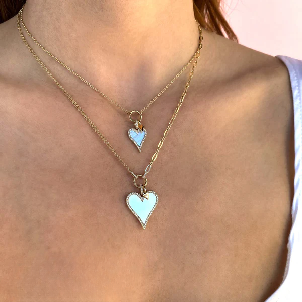 14K Gold Mother Of Pearl Diamond Heart Necklace