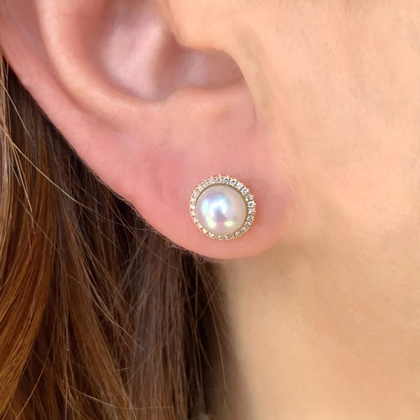 14K Gold Diamond Pearl Stud Earrings