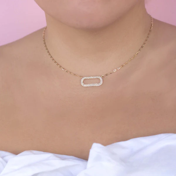 14K Gold Cylinder Diamond Paper Clip Necklace