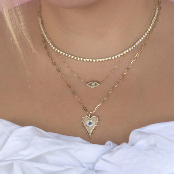 14K Gold Blue Sapphire Diamond Heart Eye Necklace