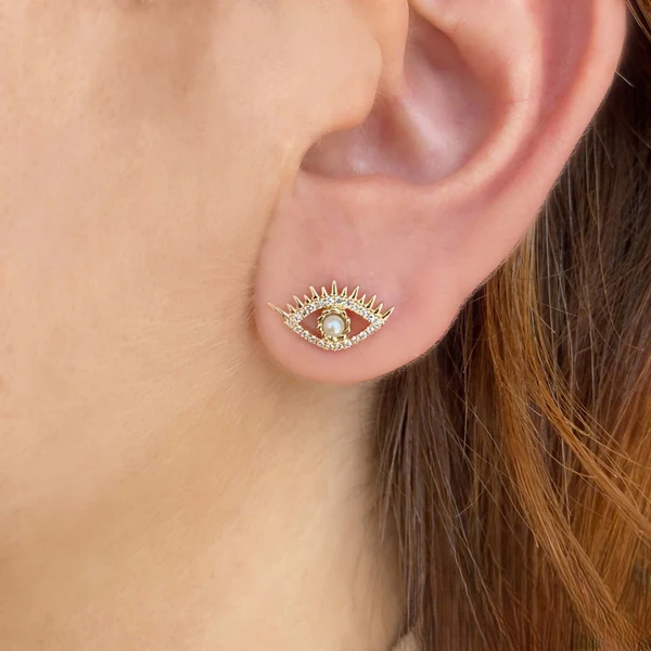 14K Gold Diamond Pearl Eye Stud Earrings